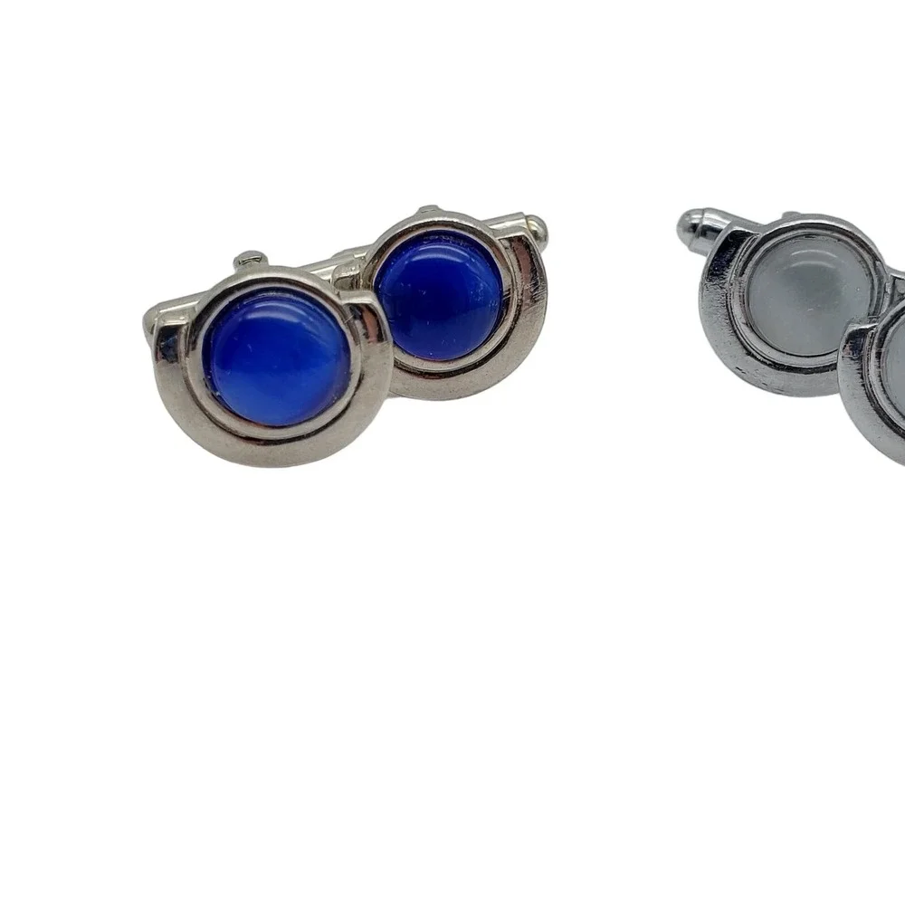 Faux Moonstone Silver Tone Cufflinks Blue Deco Style Suit Accessory Vintage Pair